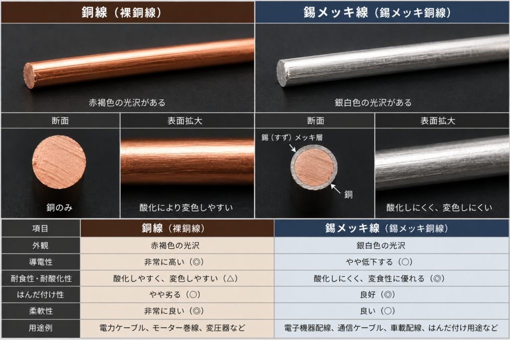 裸線と錫メッキ線の比較